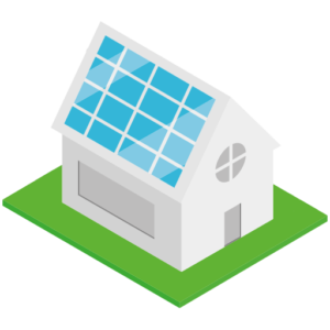 Auf dem Bild erkennt man eine schlüsselfertige PV Anlage bzw. eine Isometrische Illustration eines energieeffizienten Hauses mit einer schlüsselfertigen PV-Anlage auf dem Dach. Das ganze Dach ist mit blauen Solarmodulen ausgestattet. Das nachhaltige Wohnen wird durch das moderne, weiße Haus mit einem großen rechteckigen Fenster, einer schlichten Tür und einem runden Seitenfenster symbolisiert. Die Immobilie steht auf einer grünen Fläche, die einen Garten oder Rasen darstellen könnte. Diese Darstellung verdeutlicht die Nutzung erneuerbarer Energien durch eine Solaranlage auf dem Dach, wie sie oft bei einem PV-Anlage Eigenheim zu finden ist. Wer nach Angeboten oder Lösungen für Photovoltaik in der Nähe sucht, kann mit einer solchen Lösung umweltfreundlich Strom erzeugen und sich unabhängiger von Energieversorgern machen. PV Anlage Anbieter in der Nähe / Elektriker in der Nähe PV Anlage PV Komplettanlage deutschlandweit