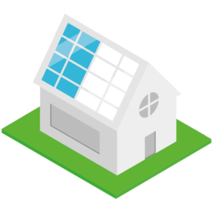 Auf dem Bild erkennt man eine schlüsselfertige PV / schlüsselfertige Photovoltaik Anlage / schlüsselfertige Photovoltaik Anlagen bzw. eine Isometrische Illustration eines energieeffizienten Hauses mit einer schlüsselfertigen PV-Anlage auf dem Dach. Die linke Seite des Dachs ist mit blauen Solarmodulen ausgestattet, während die rechte Seite noch frei ist. Das nachhaltige Wohnen wird durch das moderne, weiße Haus mit einem großen rechteckigen Fenster, einer schlichten Tür und einem runden Seitenfenster symbolisiert. Die Immobilie steht auf einer grünen Fläche, die einen Garten oder Rasen darstellen könnte. Diese Darstellung verdeutlicht die Nutzung erneuerbarer Energien durch eine Solaranlage auf dem Dach, wie sie oft bei einem PV-Anlage Eigenheim zu finden ist. Wer nach Angeboten oder Lösungen für Photovoltaik in der Nähe sucht, kann mit einer solchen Lösung umweltfreundlich Strom erzeugen und sich unabhängiger von Energieversorgern machen.