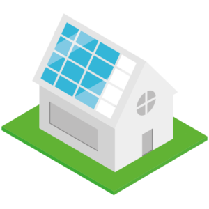 Auf dem Bild erkennt man eine schlüsselfertige PV Anlage bzw. eine Isometrische Illustration eines energieeffizienten Hauses mit einer schlüsselfertigen PV-Anlage auf dem Dach. Die linke Seite des Dachs ist mit blauen Solarmodulen ausgestattet, während die rechte Seite noch frei ist. Das nachhaltige Wohnen wird durch das moderne, weiße Haus mit einem großen rechteckigen Fenster, einer schlichten Tür und einem runden Seitenfenster symbolisiert. Die Immobilie steht auf einer grünen Fläche, die einen Garten oder Rasen darstellen könnte. Diese Darstellung verdeutlicht die Nutzung erneuerbarer Energien durch eine Solaranlage auf dem Dach, wie sie oft bei einem PV-Anlage Eigenheim zu finden ist. Wer nach Angeboten oder Lösungen für Photovoltaik in der Nähe sucht, kann mit einer solchen Lösung umweltfreundlich Strom erzeugen und sich unabhängiger von Energieversorgern machen. Photovoltaik angebote in hamburg